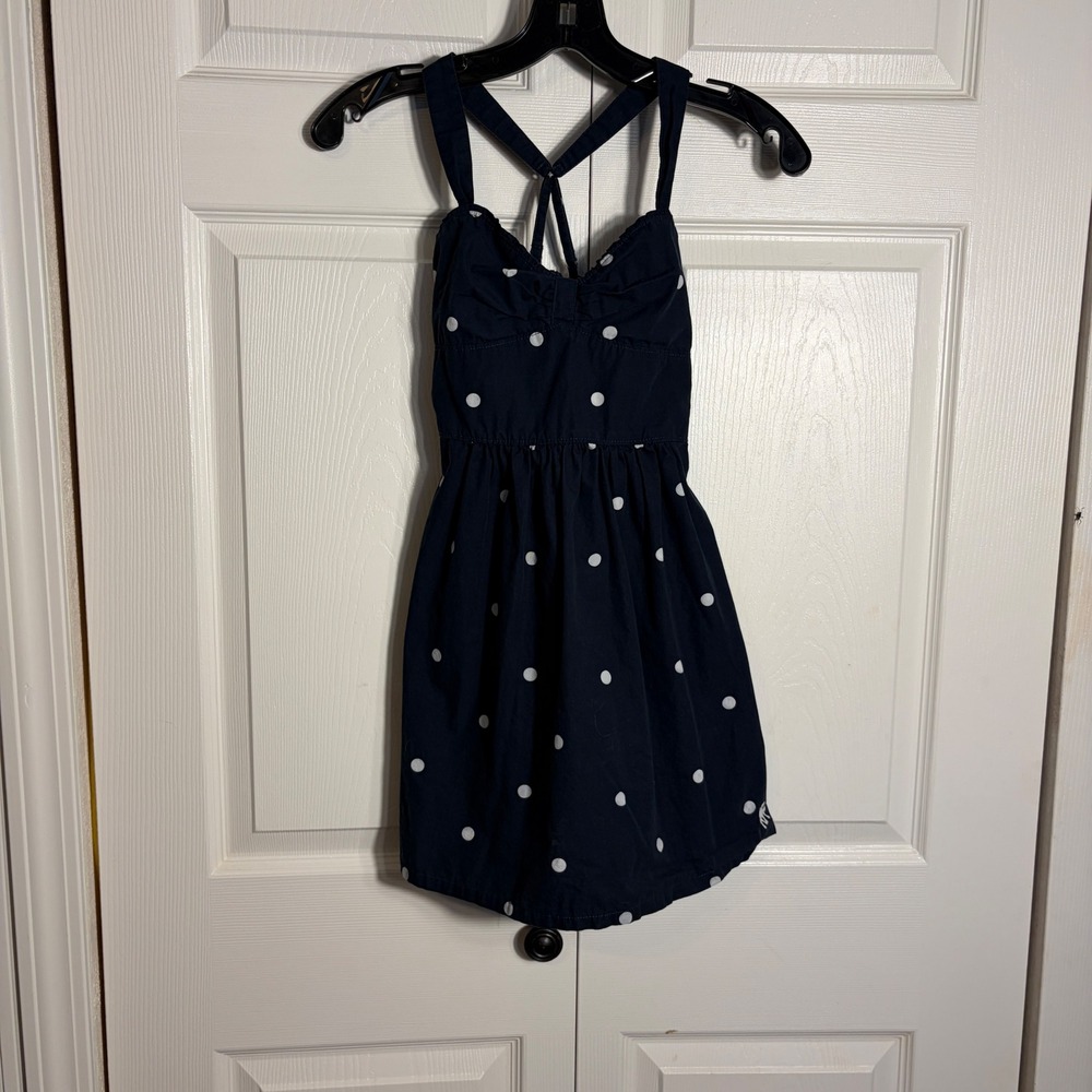 Abercrombie Kids Cotton Sundress M Navy Blue Polka Dot Smocked Back Moose Logo
